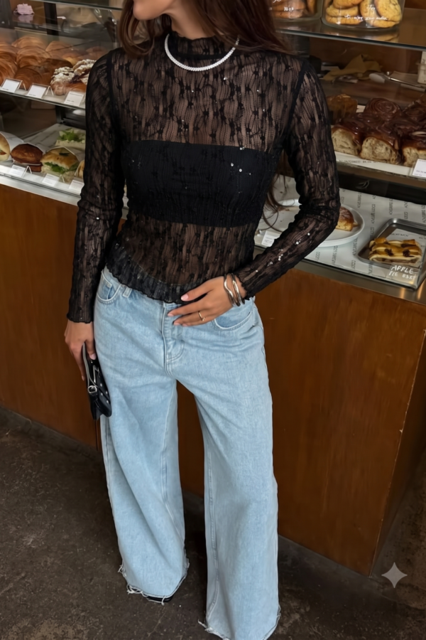 POLERA LISA ENCAJE LENTEJUELAS